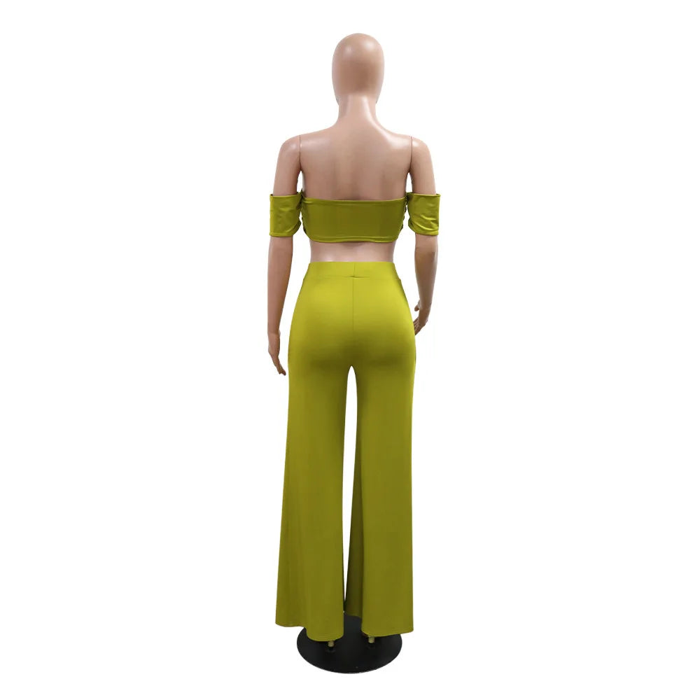 Short Sleeve Slash Neck Ruched Tops and Wide Leg split Pants Two 2 Piece Sets Outfit