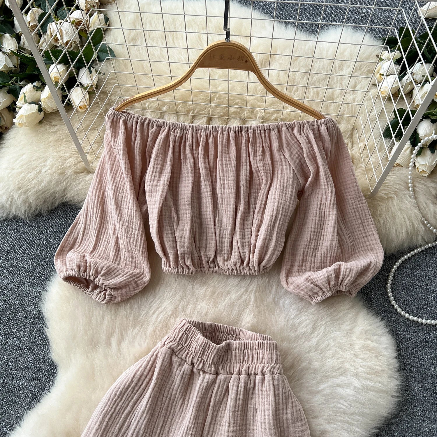 Lantern Sleeve Off Shoulder Crop Top+High Waist Wide Legs Pants Two Piece Set