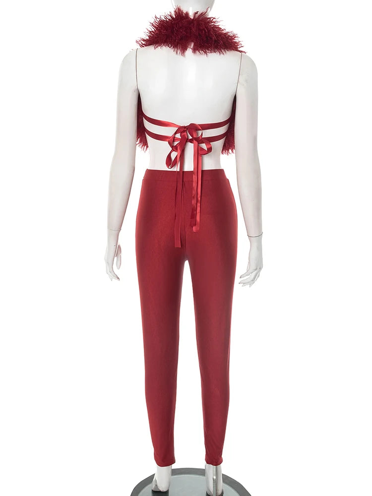 Two Piece Set Plush Patchwork Halter Backless Camisole+Solid Skinny Pants Set