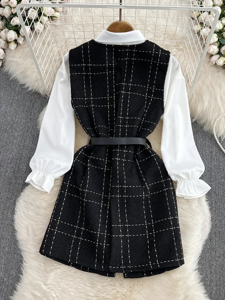 Temperament Lapel White Shirt+V-neck Single Breasted Tweed Vest  Two-piece Set Dress