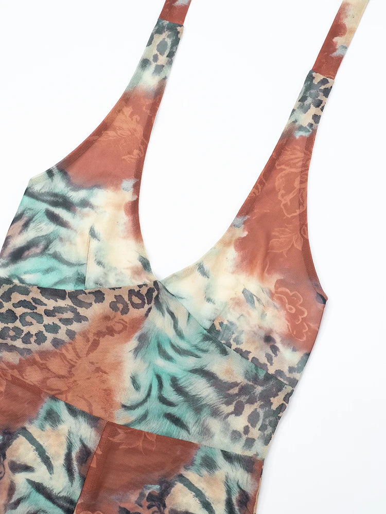 Leopard Print See Through V-Neck Halter Bandages Backless Jumpsuit