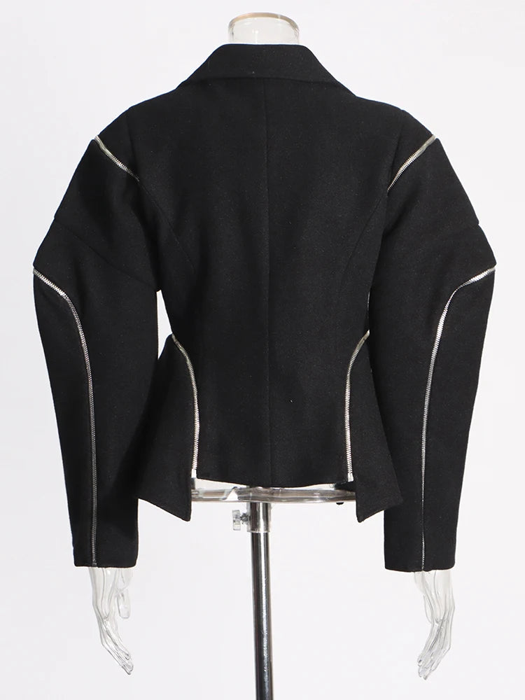 Patchwork Zipper Long Sleeve Spliced Button Temperament Coat