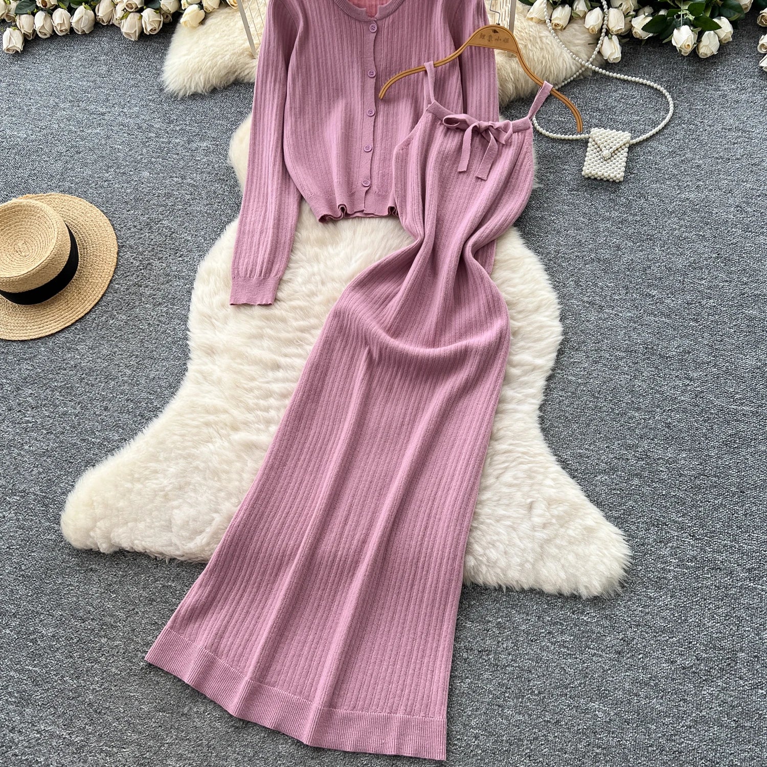 Elegant Long Sleeve Single Breasted Tops+Sleeveless Strap Bodycon Dress Knit Solid Sweater Sets