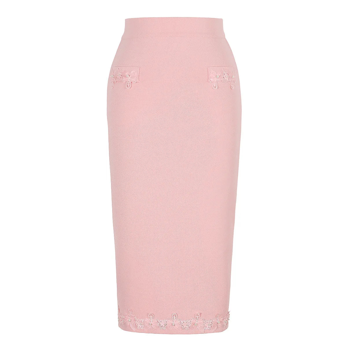 French Elegant Beaded Flower Short Sleeve Knitted Tops High Waist Slim Fit Bodycon Skirts Two-Piece Set