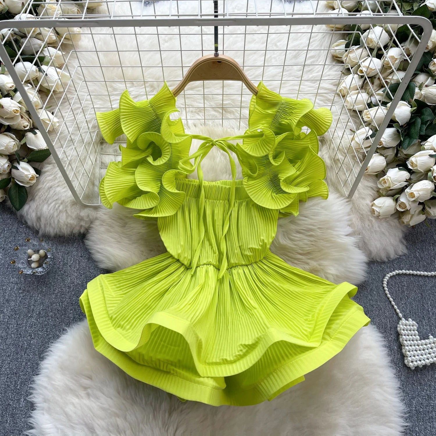 Elegant backless Ruffle pleated Tight chic Vintage Blouse