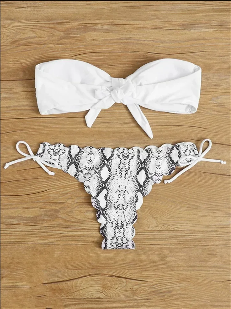 Lace Up Tie Bandeau Leopard Swimsuit Female Push Up Ruffled Bow Bathing Suit Swimwear