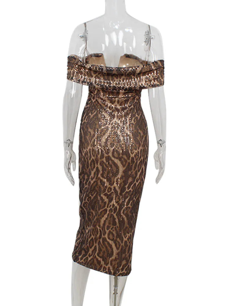 Leopard Sequins Slash Neck Sheath Bodycon Long Maxi