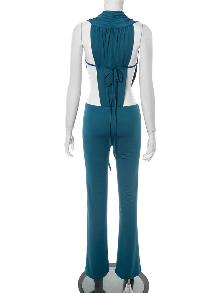 Deep V-Neck Hollow Bandage Bodysuit+Flare Pants Matching Two Piece Set