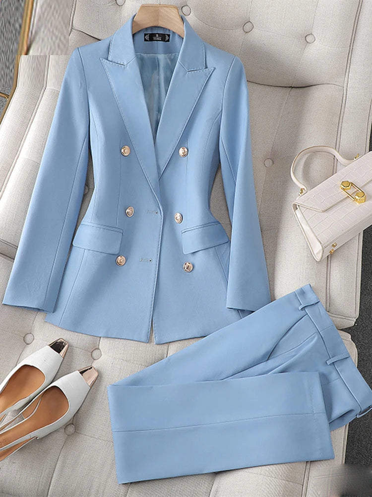 Office Ladies Suits Sets Turn Down Collar Double Breasted Long Sleeve Blazer Solid Harem Pant Suits