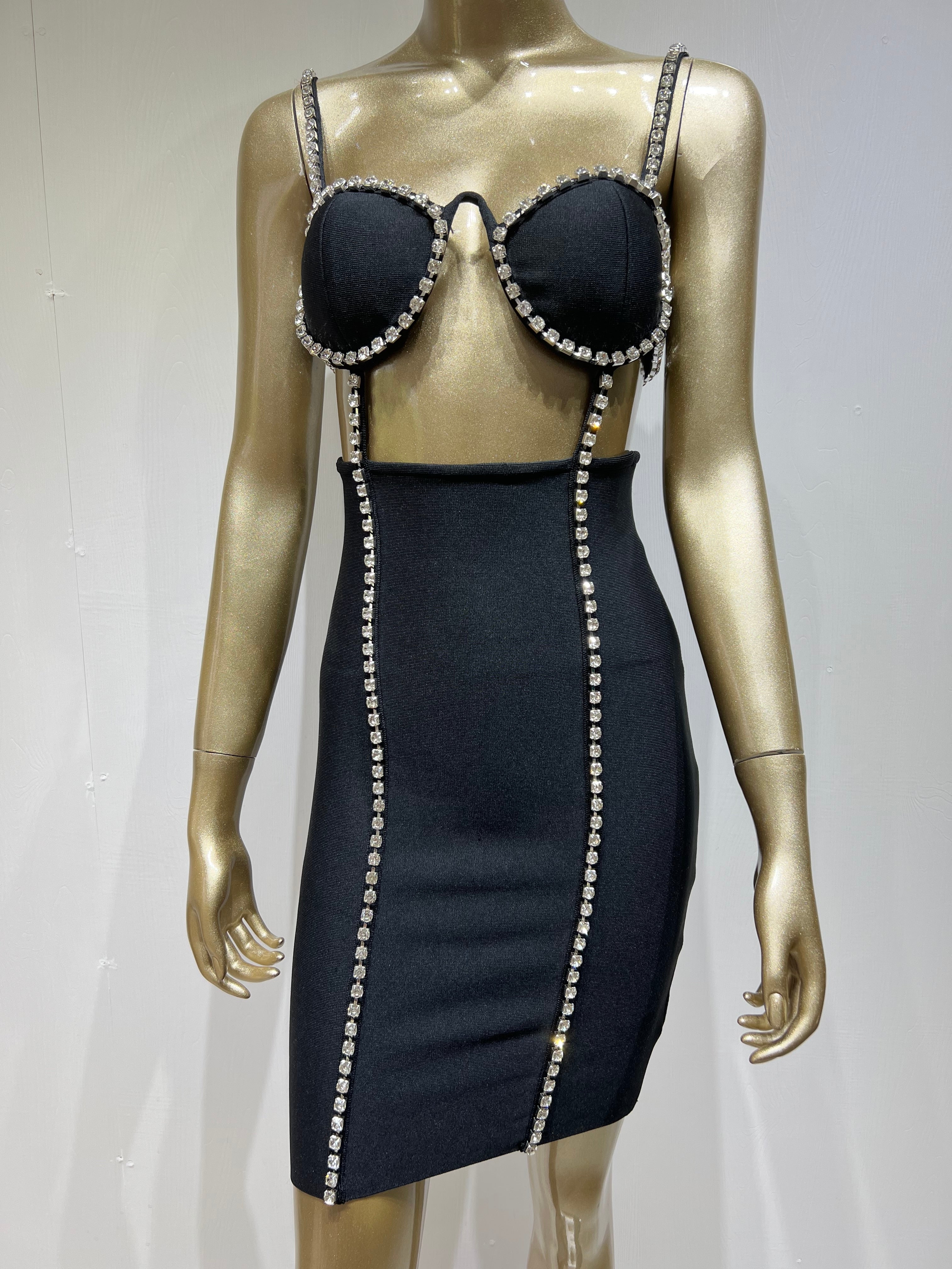 Cut Out Diamonds Crystal Black Mini Bodycon Bandage Dress