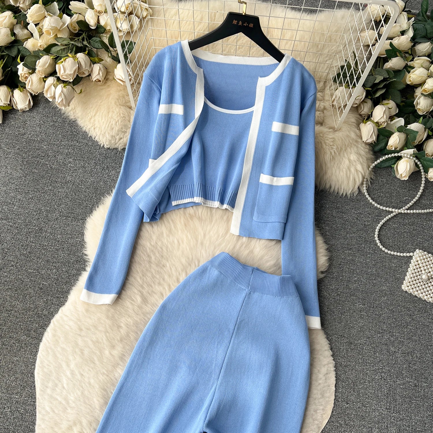 Three Pieces Sets Tank Top+Long Sleeves Short Cardigan+Elastic Long Pants Set