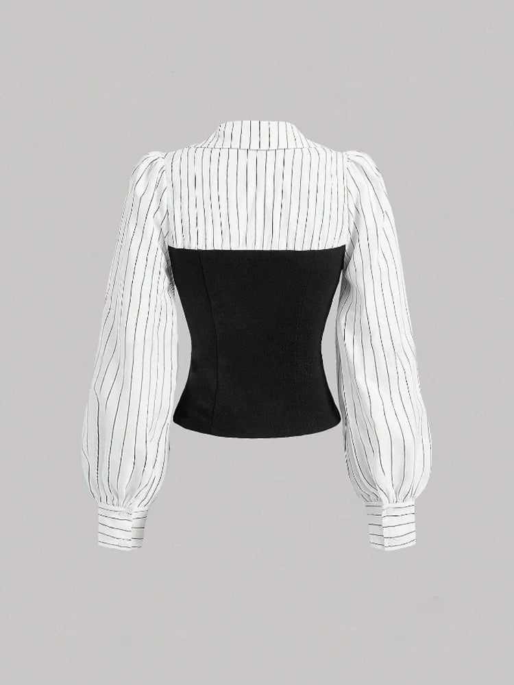 Striped Spliced Lapel Elegant Stylish Top