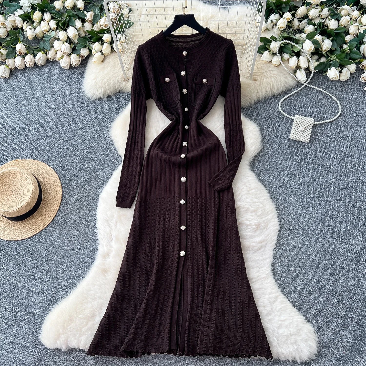 High-Waisted Knitted Long Autumn Hollow out Dress