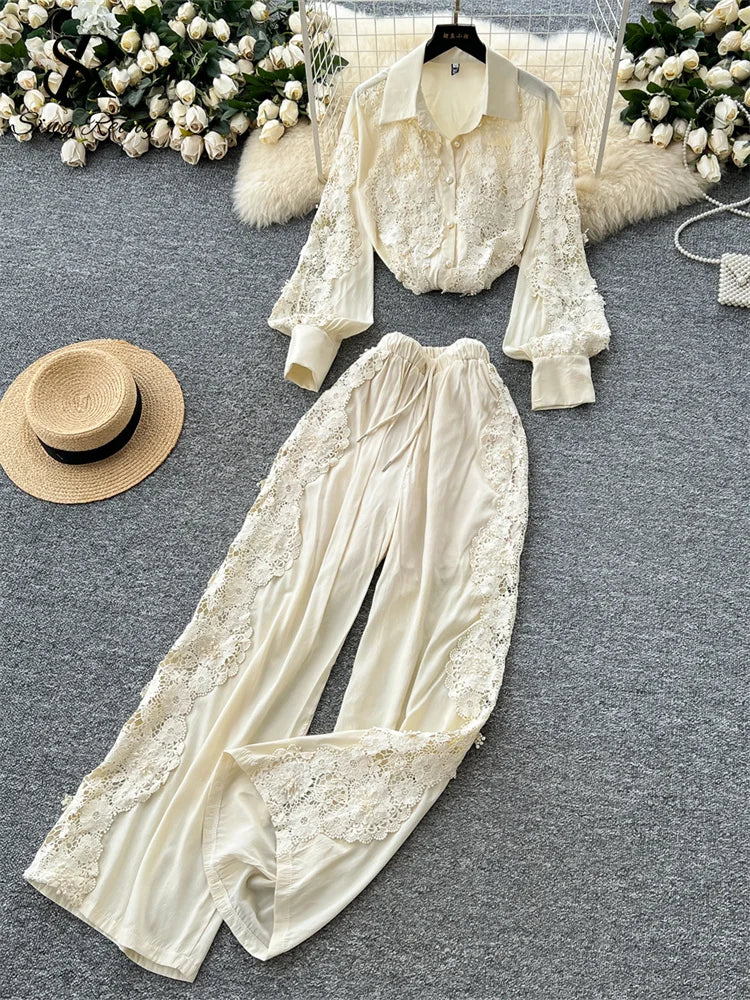Single Breasted Lace Splice Top+High Waist Wide Legs Long Pants Hook Flower Hollow Suits