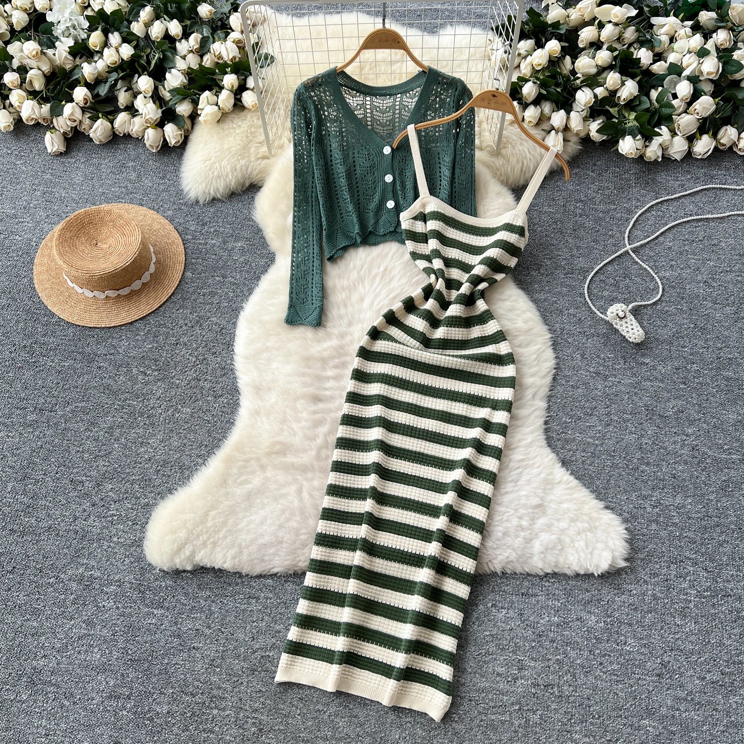 Two piece set Hook flower hollow striped Two Piece Set