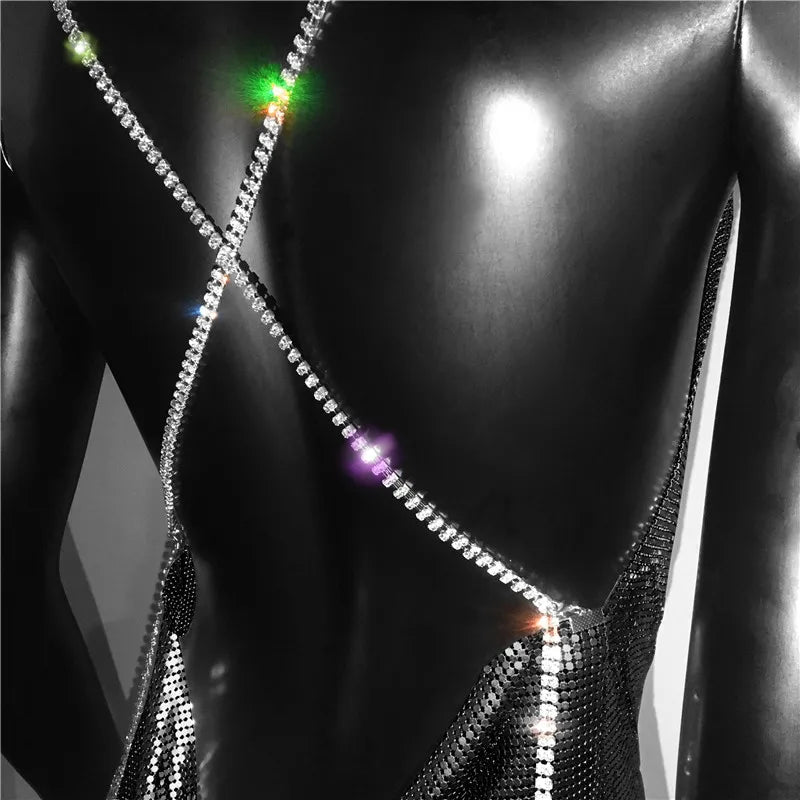 Backless Spaghetti Strap Metal Sequins Low Cut Dress