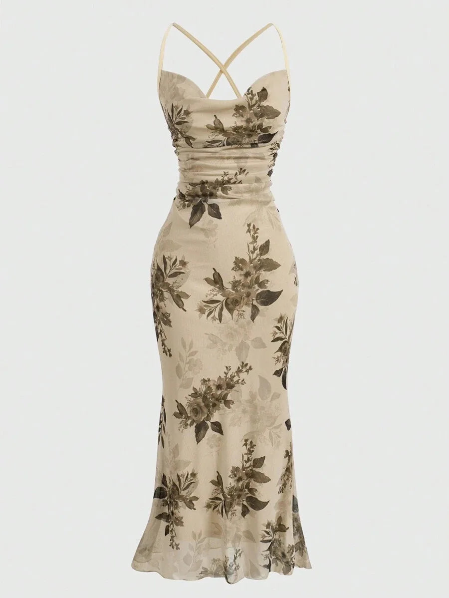 Floral Print Criss Cross Mermaid Dress