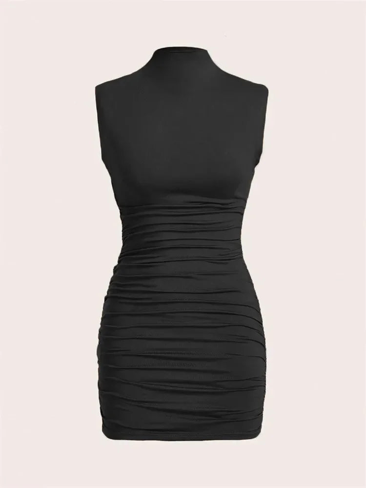Pleated Sleeveless Mock Neck Ruched Pencil Short  Mini Bodycon Dress