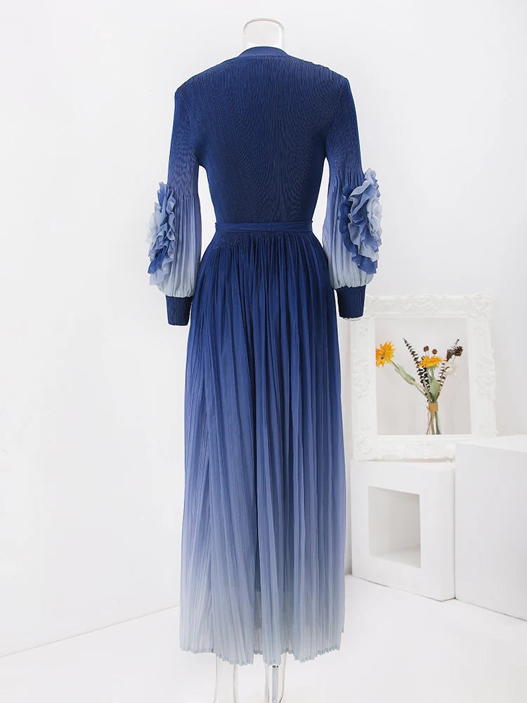 Pleated Set Gathered Waist Floral Sleeves Coat Sleeveless Long Dresses