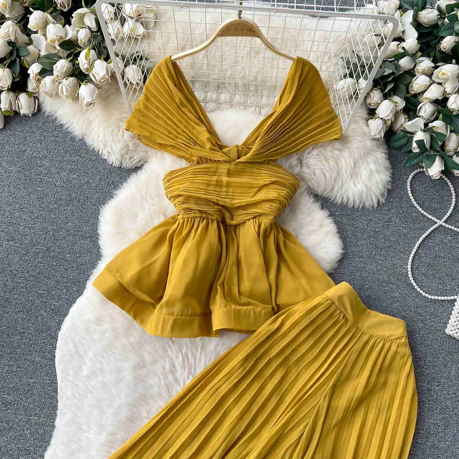 High End Elegant Pleated Sleeveless Chiffon Top+High Waist Wide Leg Pants Two Piece Set