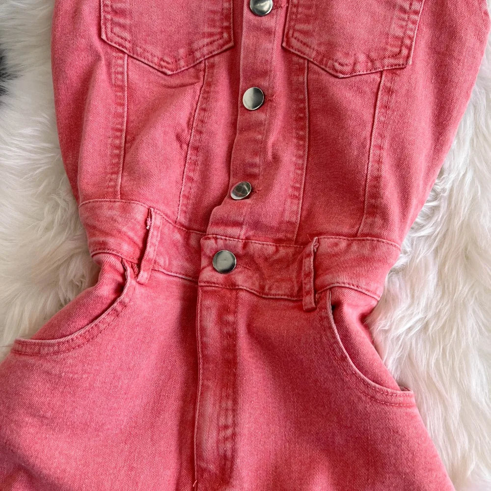 Vintage Turn-down Collar Sleeveless Bodysuit Jumpsuit