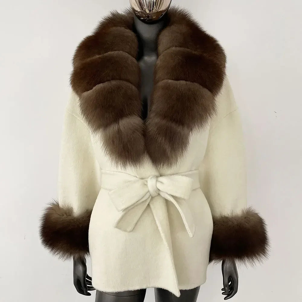 Winter Loose Outerwear Casual Natural Real Raccoon Fox Fur Blends Wool Coat