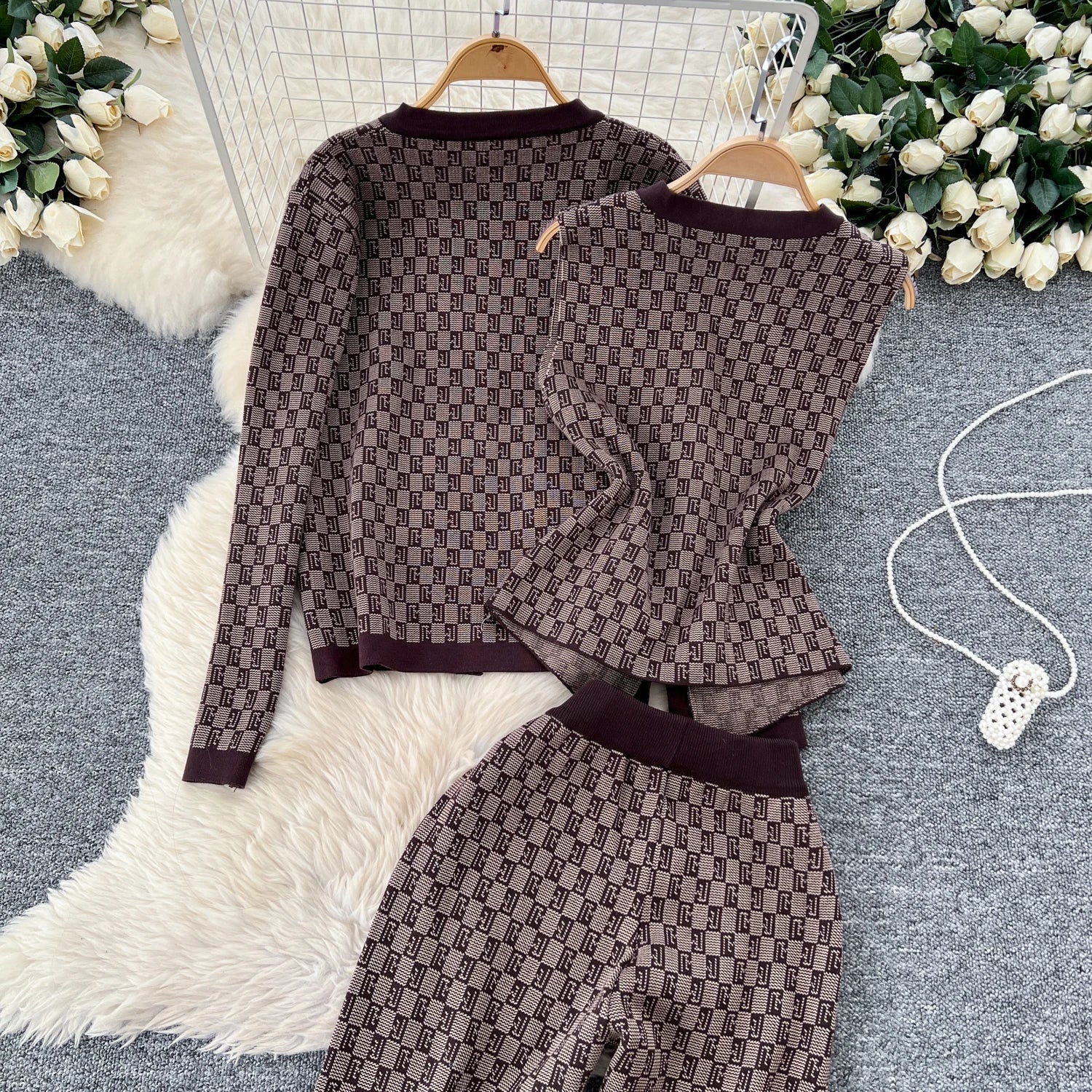 Three Piece Plaid Print Sweater Suits Knit Cardigans+Elastic Long Pants