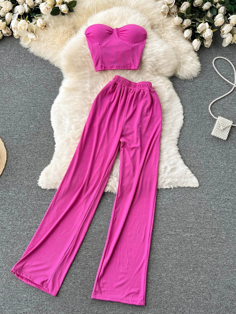 Two Piece Set Pants Suit Strapless Tops & High Waist Loose Pants  Y2k Suit