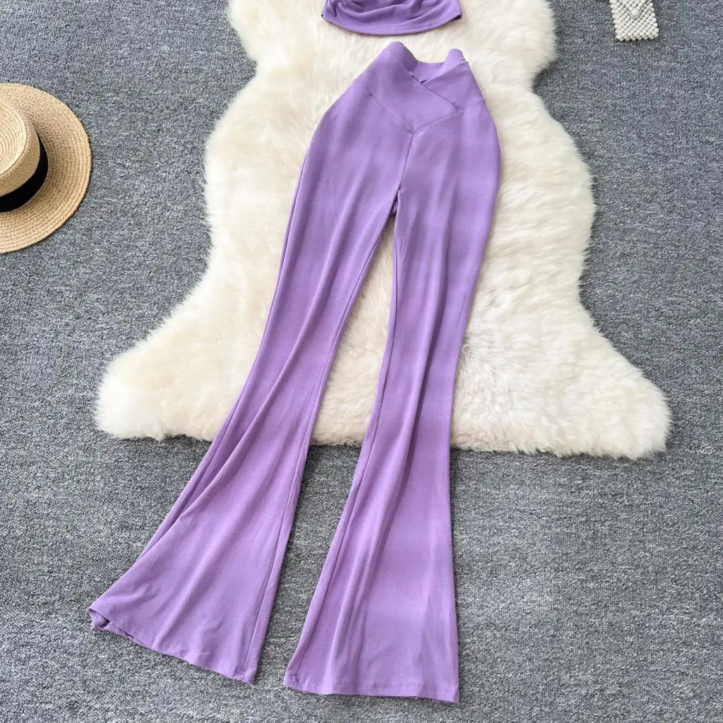 Two Pieces Sets Elegant Chic Skew Collar Pleated Tops + High Waist Flare Casual Pants  Outfits