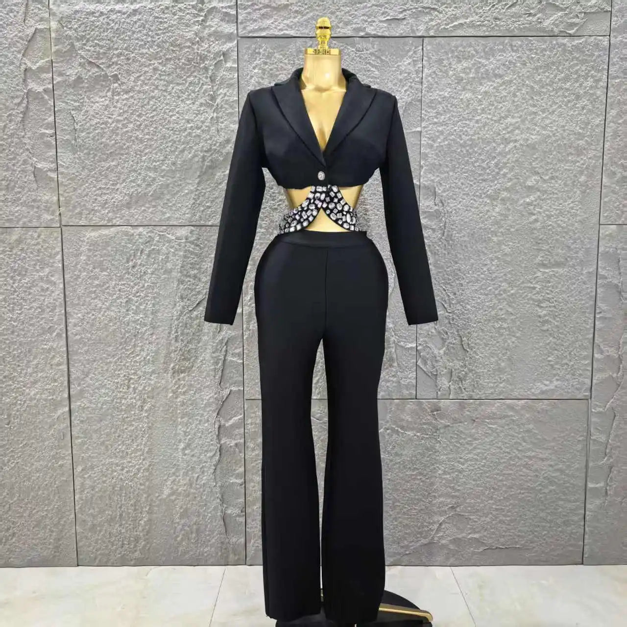 Long Sleeve Crystal Two Pieces Bodycon Bandage Set