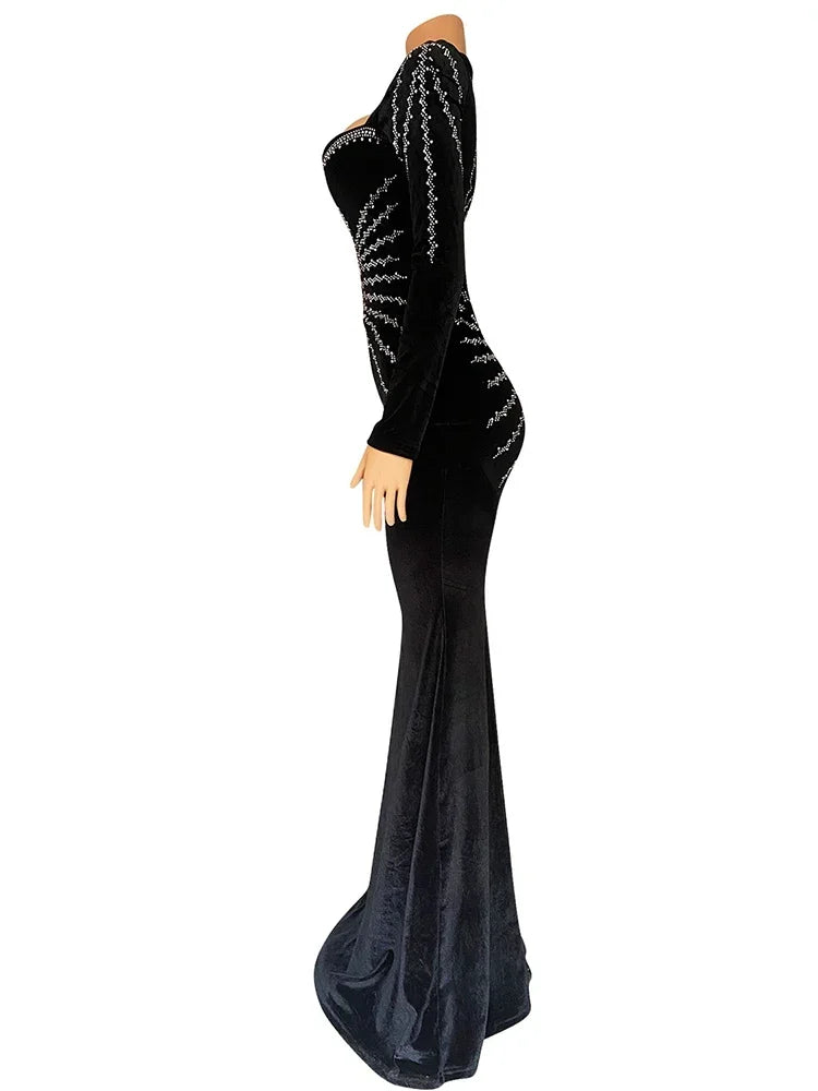 Elegant Diamonds Velvet Long Party Dress