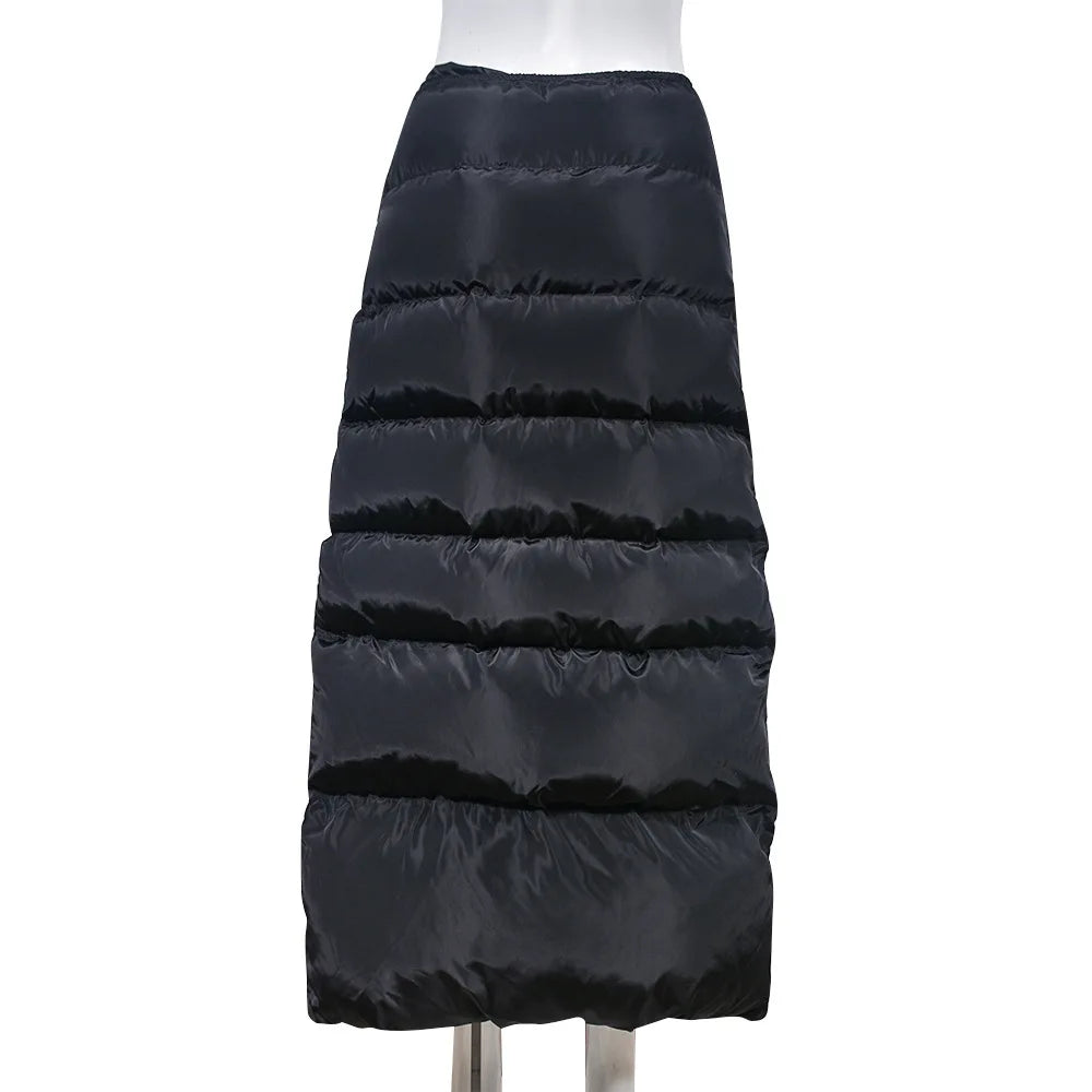 Winter Thick Warm Bubble Quilted Y2K High Waist Zip-Up Black Long Skirts