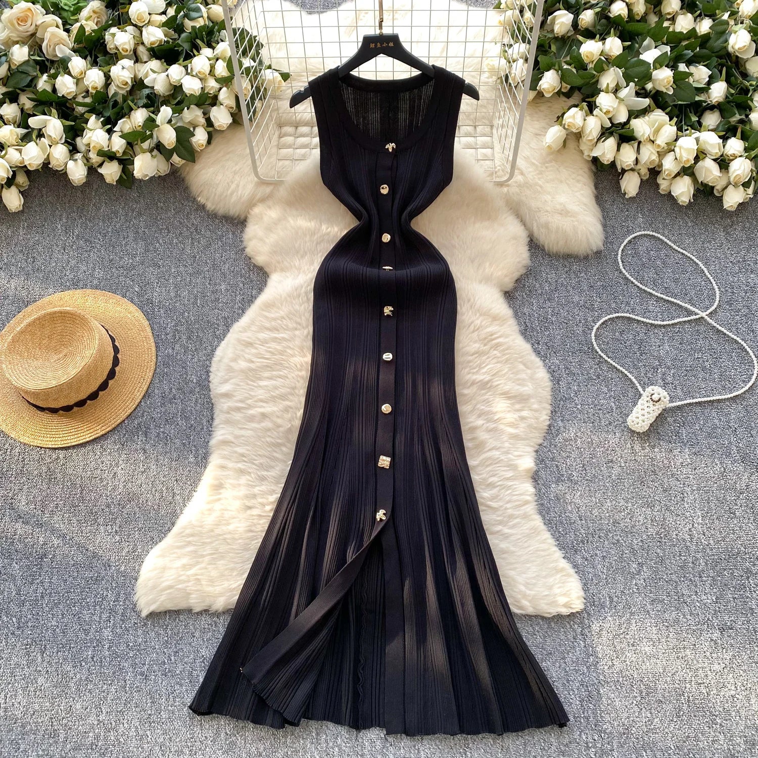 Elegant Office Lady Dress O Neck Sleeveless Knitted Bodycon Dress Sundress