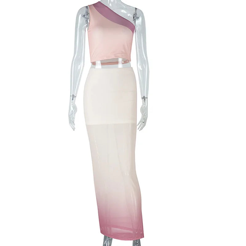 Elegant One-Shoulder Tank Tops+Double Deck Maxi Skirts Two Piece Set