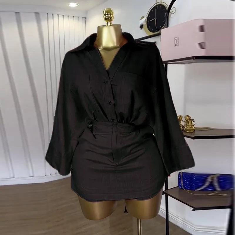 Full Sleeve Turn-down Collar T-shirt and Skirts Shorts Chic Two 2 Piece Sets
