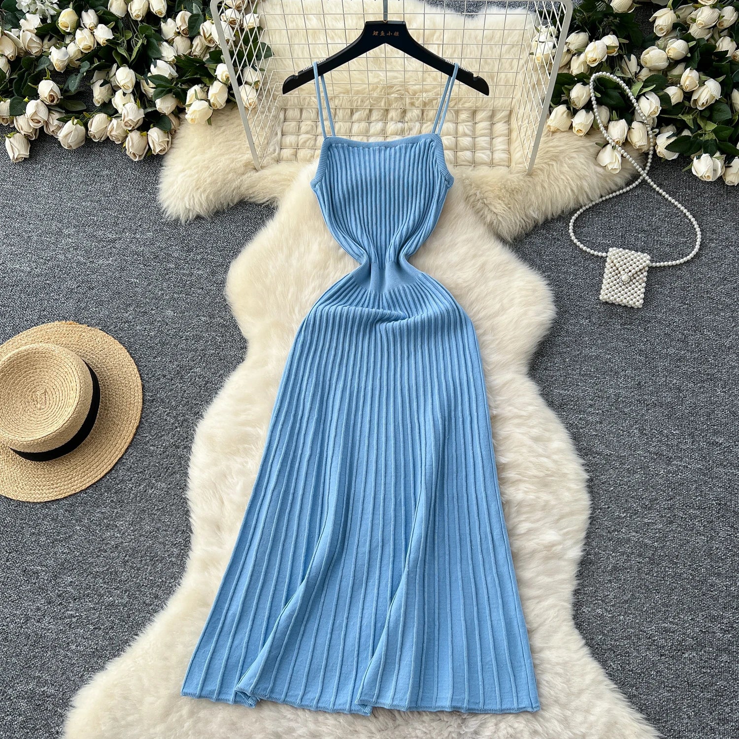 Knit Spaghetti Strap Dress Sleeveless Elastic Waist Slim Long Dress