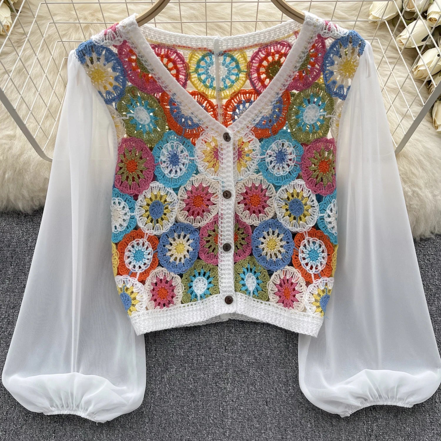Knitting Crochet  Hollow Out Long Lantern Sleeve Blouse