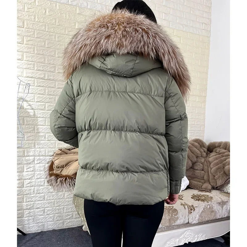 Warm Duck Down Natural Real Fox Fur Collar Hood Puffer Coat