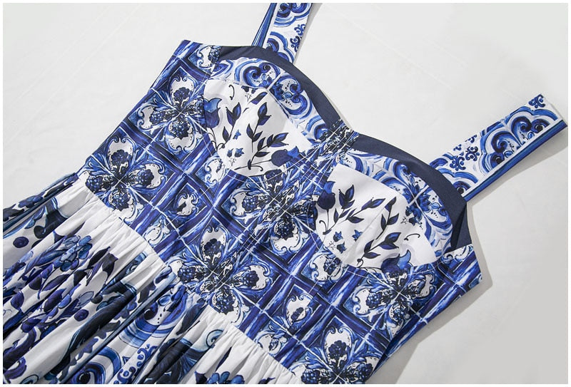 Blue And White Porcelain Flower Print Spaghetti Strap Dress