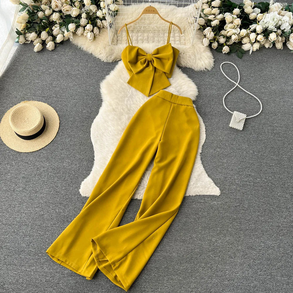 Strap Bow Top Split Casual Pants Two Piece Set