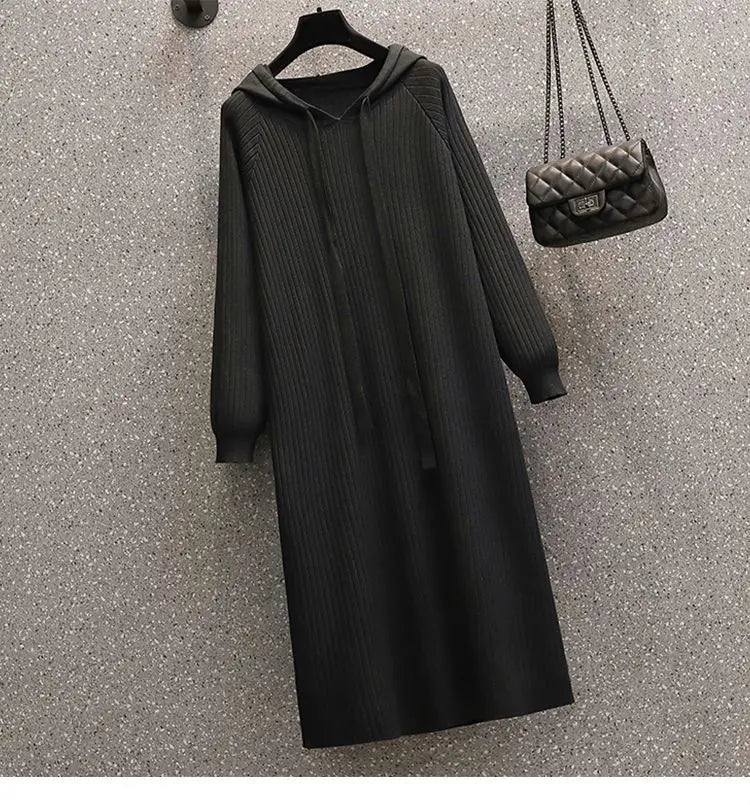 Casual V-neck Knitted Maxi Dress Elegant Ribbed Long Sleeve Hooded Dress