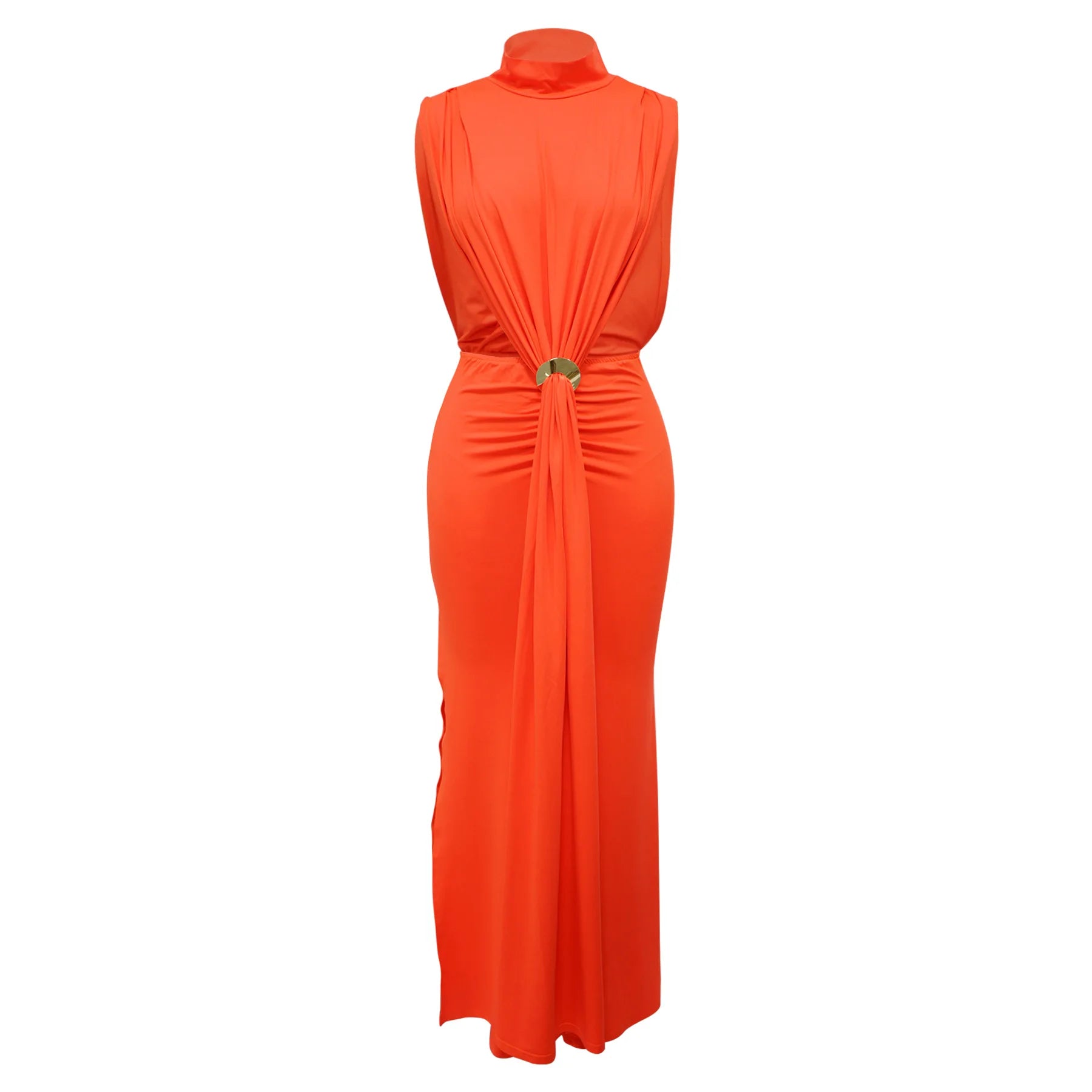 O-neck High Split Ruched Stacked Bodycon Midi Maxi Dress