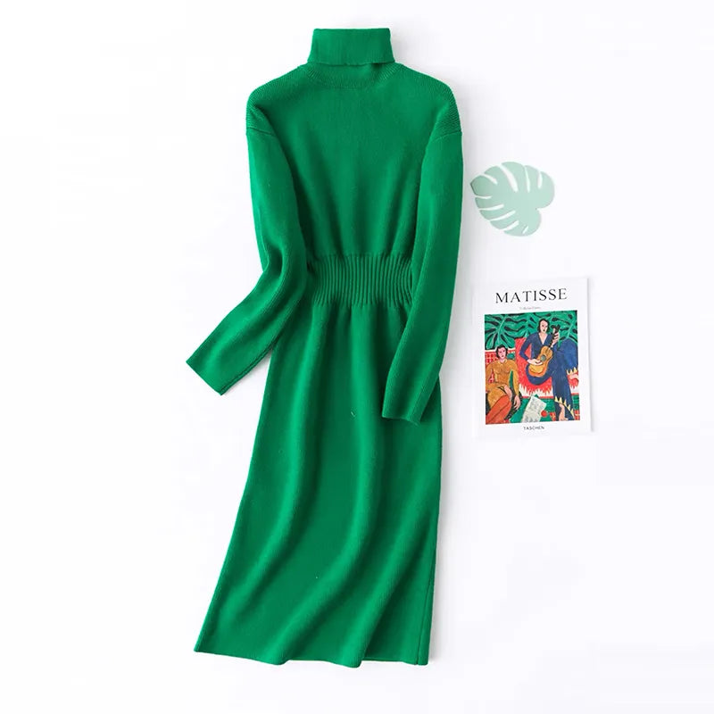 Knitted Casual Solid Elastic Waist Turtleneck Long Sleeve Dress Korean Fashion Pullover Mid-Calf Dresses