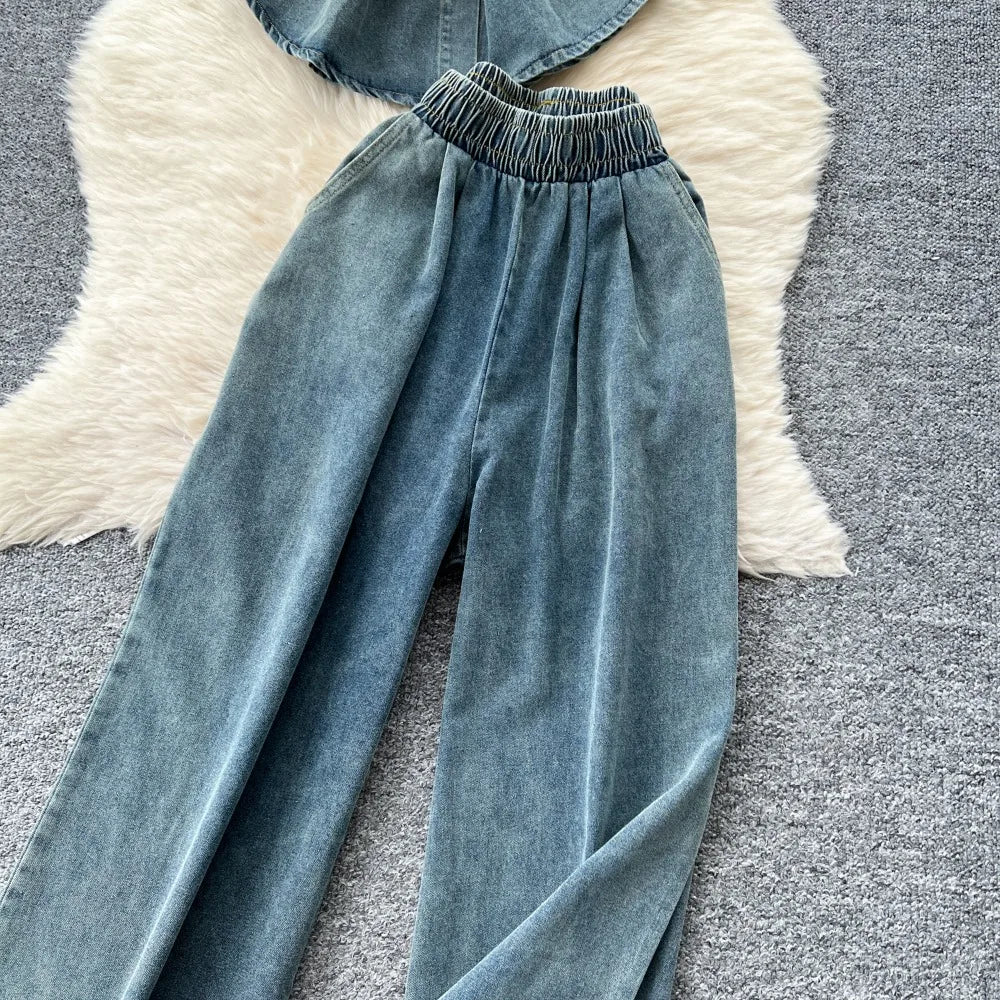Casual Lace Up Slim Waist Denim Tops High Waist  Trousers Two Piece Set