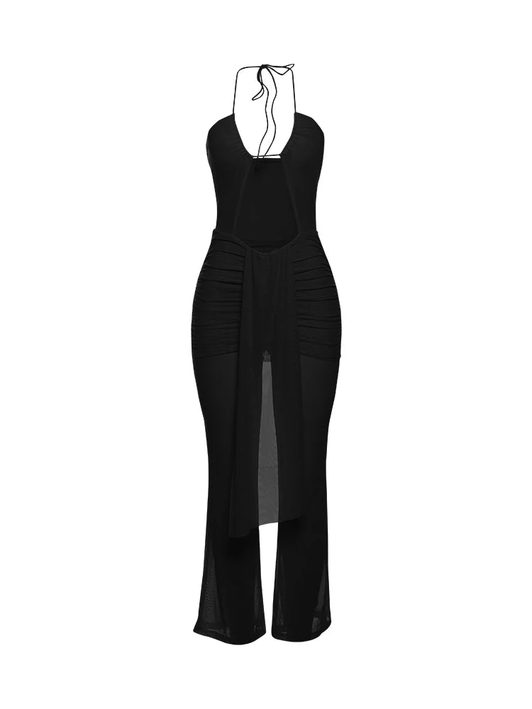 Hollow Halter Backless Ruched Ribbon Waist See Through Dress