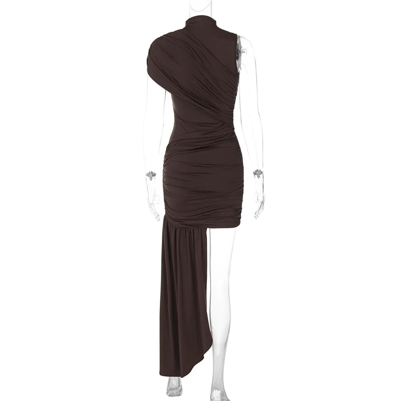 Elegant Turtleneck Sleeveless High Waist Pleated Irregular Draped Ruched Sexy Mini Dress