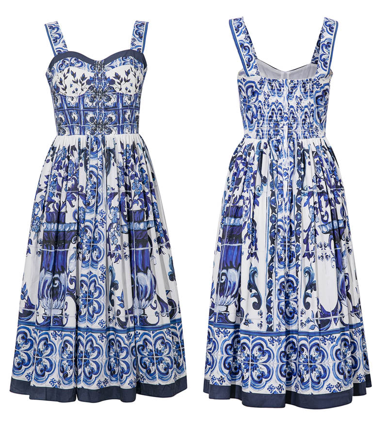 Blue And White Porcelain Flower Print Spaghetti Strap Dress