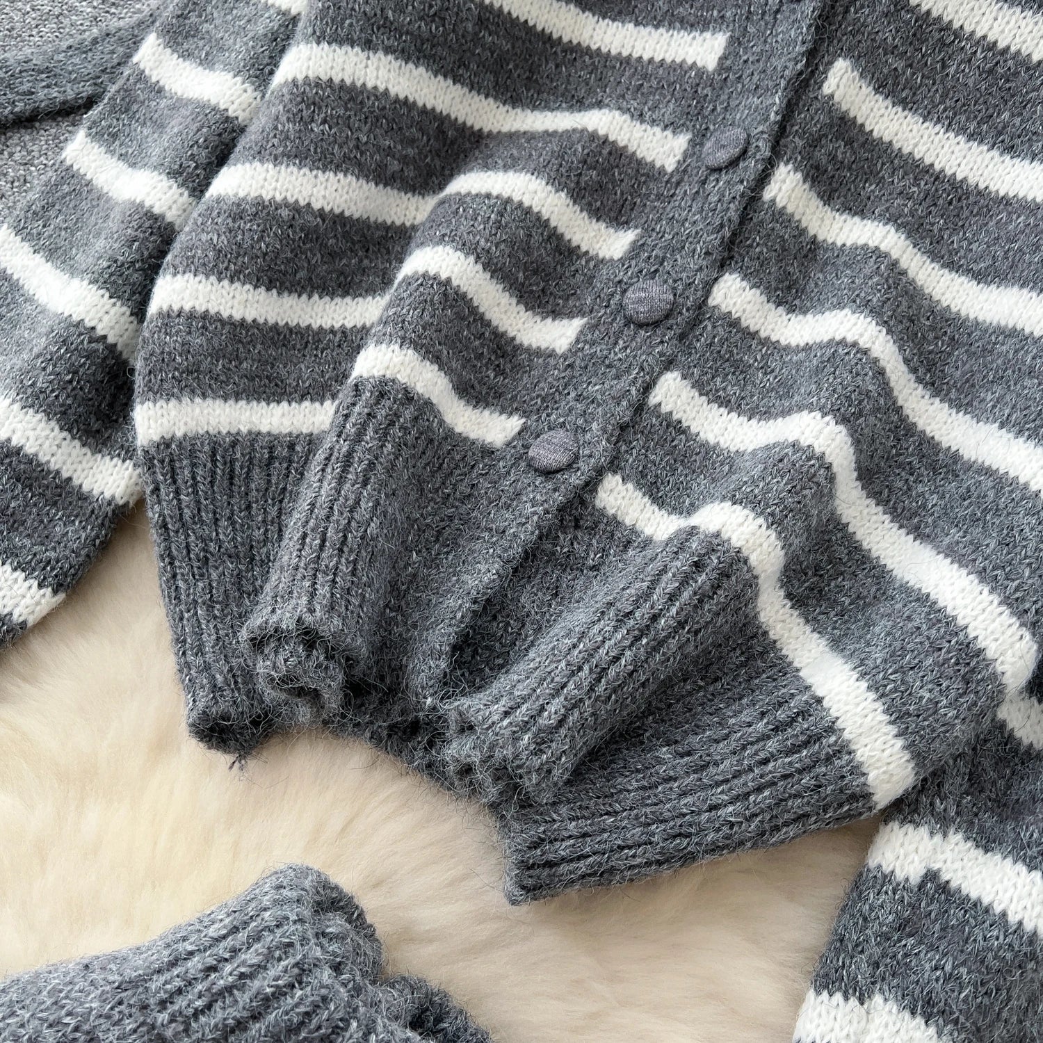 Striped Sweater Loose Cardigan+Elastic Long Skirts Knitted Two Piece Set