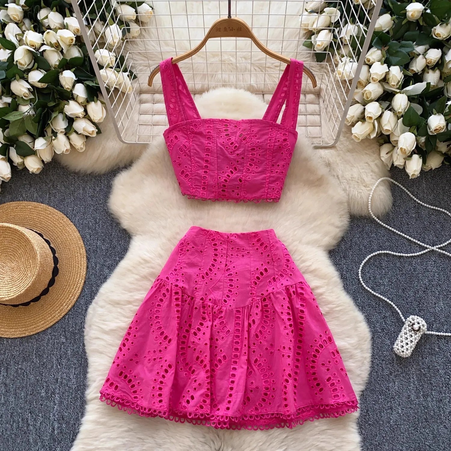 Y2k Elastic Backless Crop Top + High Waist Mini Skirts Hollow Out Two Piece Set