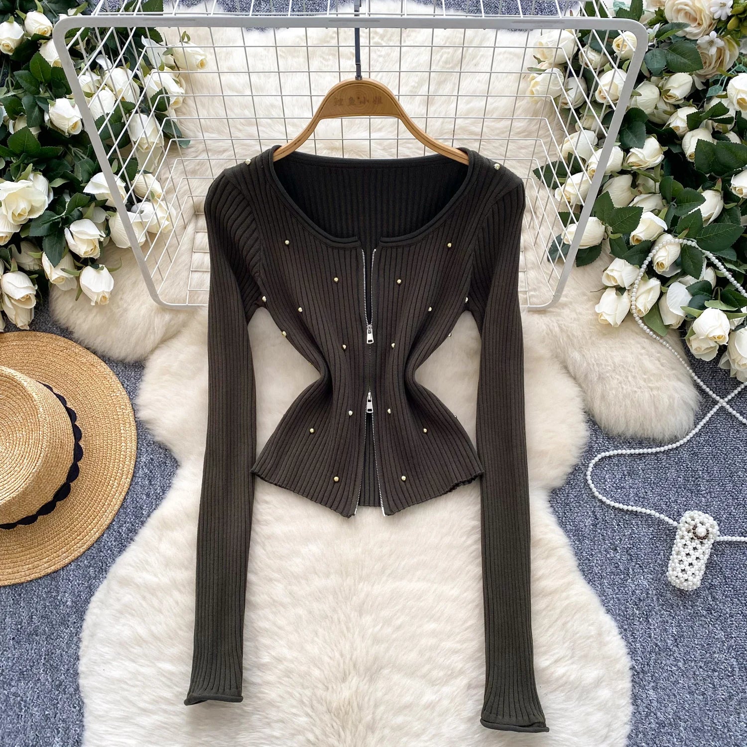 Slim Pullovers Beadings Zippers Short Knitted Skinny Tops